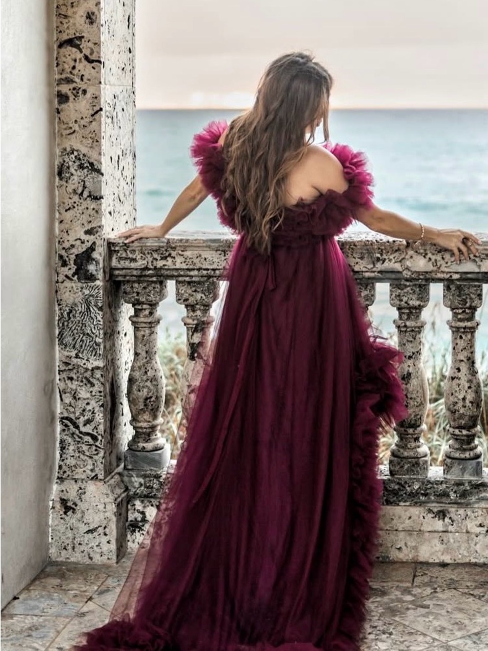 Amazon Burgundy Ruffled Tulle Prom Gown - Picture 2 of 4